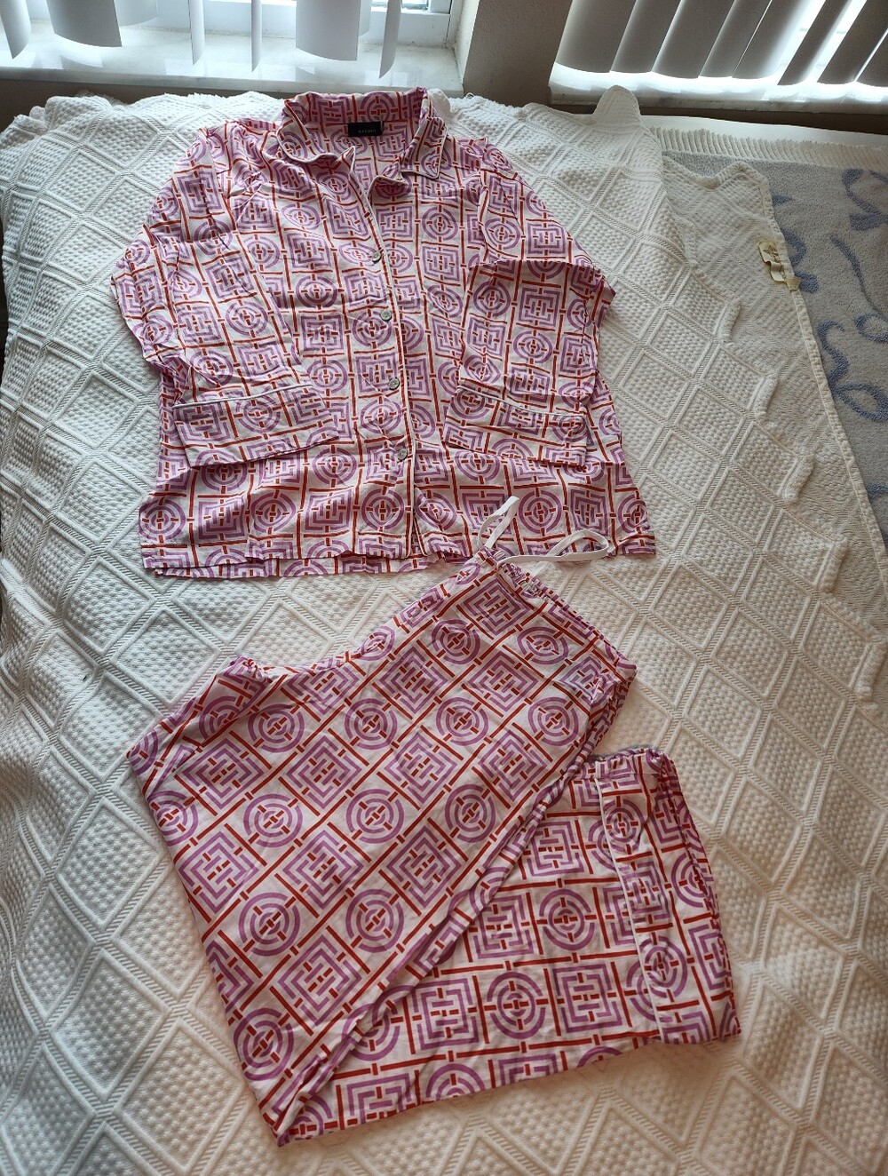 Natori Pink and Orange Geometric Button-Front Pajama Set
